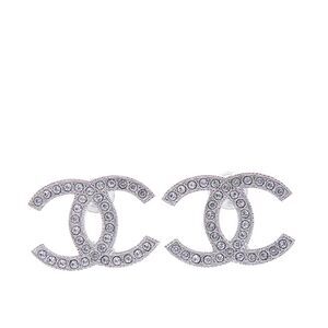Chanel Silver Rhinestones Cc Push Back Earrings